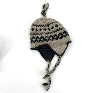 Kyber 100% Kids Brown Wool Knit Hat‎ Ear Flaps Tassels Fleece lined Made Nepal
